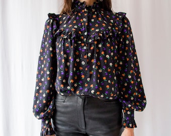 1970s Yves Saint Laurent Rive Gauche Russian black floral silk blouse // Fall-Winter 1977 YSL printed ruffled blouse with billow sleeves