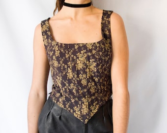 Rare! 1980s Laura Ashley Victorian Style damask floral corset // Vintage 1990s 80s black & yellow gold, square neck brocade pointy bustier