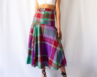 1980s Chantal Thomass Madras cotton high waisted midi skirt with pockets // Vintage 80s red, purple, green checkered full circle skirt