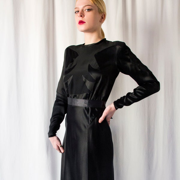 RESERVED 1930s black liquid satin silk panelled bias cut dress amazing cut // Vintage 30s 40s art deco Hollywood film noir evening dress