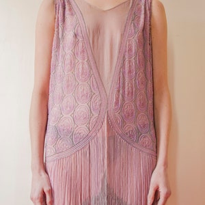 Rare Vintage 1920s French flapper beaded dress lilac pink fringed // 20s Tiered fringe embellished sheer chiffon silk evening dress image 2