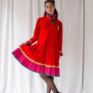 1970s Kenzo red velvet corduroy colorblock ruffled dress Russian style // 70s drop waist and full skirt bright red babydoll dress