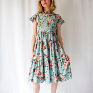1930s light blue floral print silk tiered dress with peter pan collar // Vintage 30s full skirt flounced day dress, short sleeves image 1