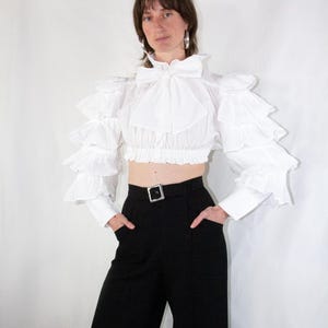 1970s white cotton Pierrot ruffled blouse with bow // Vintage 70s handmade crop  top with big frilled sleeve