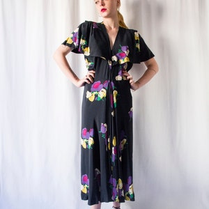 1940s floral print dark navy blue bias cut silk or rayon crepe dress with capelet // Vintage 30s 40s art deco slinky zipped day dress image 1