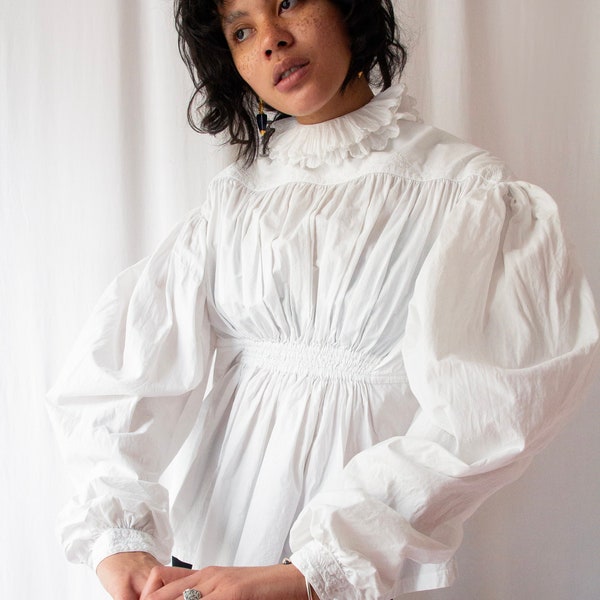 1820s antique French big mutton sleeve cotton blouse with embroidered floral details // Rare Victorian ruffled collar & pleated bodice shirt