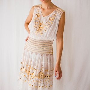 1920s sheer cotton Hungarian embroidered dress // 20s white and yellow flapper peasant sheer dress with smocks & floral embroideries