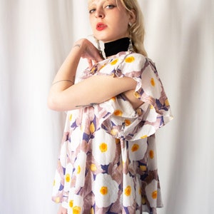 1970s Kenzo cotton gauze floral ruffled blouse with flutter sleeve // Vintage 70s bohemian peasant  white & purple blue oversized top