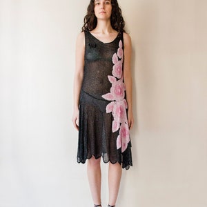 Antique 1920s French flapper beaded black & pink flower dress // Vintage 20s embellished sheer chiffon silk evening dress scalloped hem