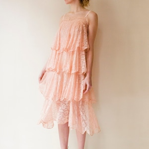 Antique 1920s French pink lace scalloped tiered dress // Vintage 20s flounced embroidered chiffon flapper dress