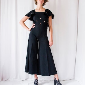 1970s black crepe flared leg jumpsuit with ruffled sleeves // Vintage 70s hippie bell bottom palazzo overalls image 8