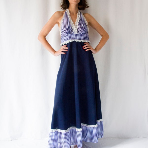 1970s British boutique Switch blue vichy halter maxi dress with lace details // 70s hippie check print, plunging neckline backless dress