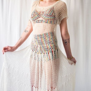 Vintage 1970s handmade white rayon nylon slinky crochet dress // 70s open knit, bohemian hippie, knitted mini dress with short sleeves