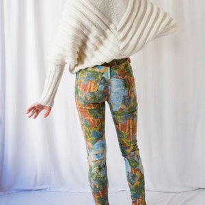 1980s Kenzo jeans jungle tiger print fitted pant // 80s green brown & blue denim cotton slim trouser // S XS image 1