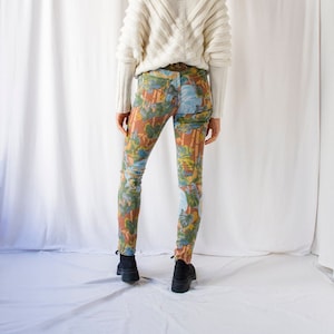 1980s Kenzo jeans jungle tiger print fitted pant // 80s green brown & blue denim cotton slim trouser // S XS image 4