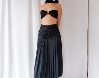 1980s Louis Féraud draped & pleated polka dot skirt // 80s high waisted black silky minimalist long skirt