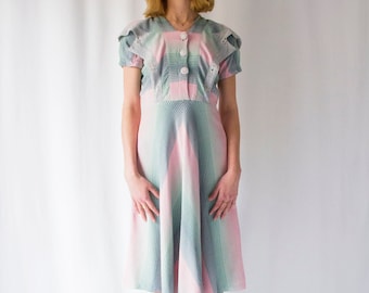 1930s bias cut cotton candy striped print dress with buttoned front // Vintage 30s art deco pink & blue colorful day dress