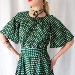 1970s Ted Lapidus green floral cotton laced eyelet midi dress with flutter sleeve // Vintage 70s peasant bohemian full skirt belted dress