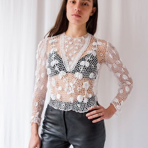 Antique Edwardian Irish floral lace cotton blouse // Vintage 1900s Victorian handmade crochet net top with long sleeves