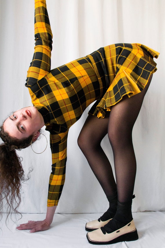 1980s Plein Sud yellow & black tartan wool set bo… - image 5