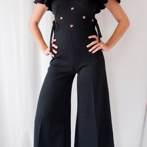 1970s black crepe flared leg jumpsuit with ruffled sleeves // Vintage 70s hippie bell bottom palazzo overalls image 4