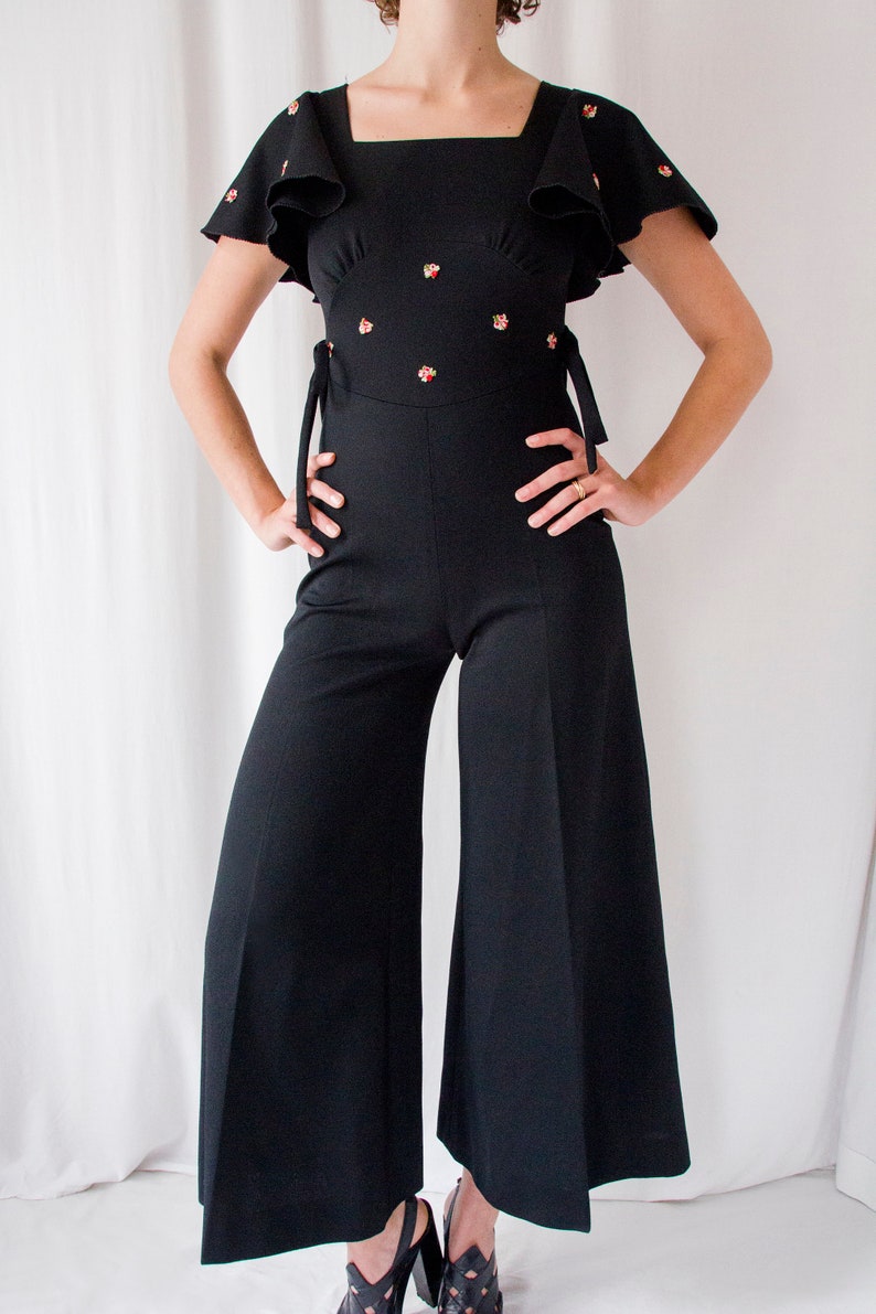 1970s black crepe flared leg jumpsuit with ruffled sleeves // Vintage 70s hippie bell bottom palazzo overalls image 4