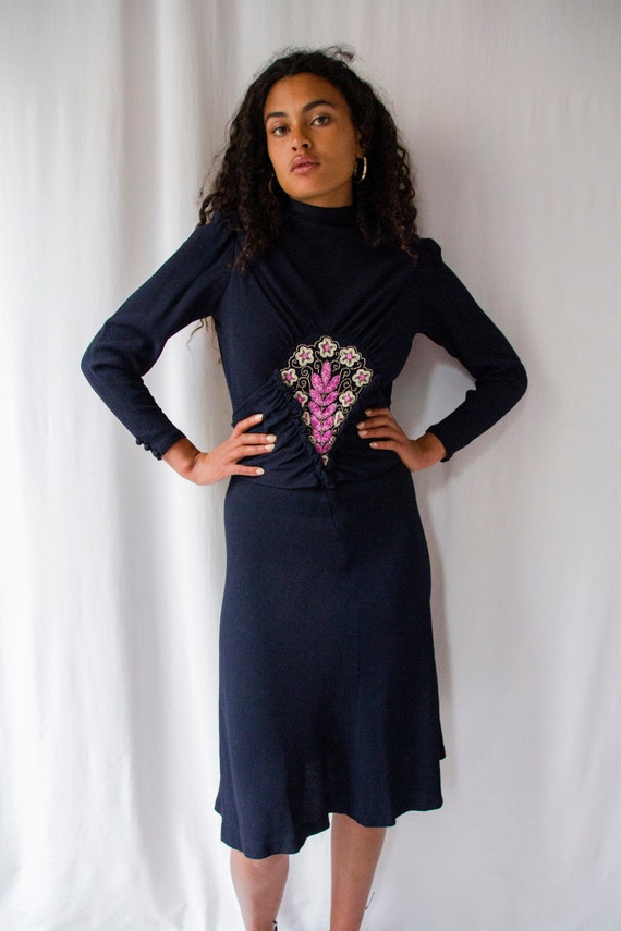 Vintage 1930s beaded flower black draped crepe dre