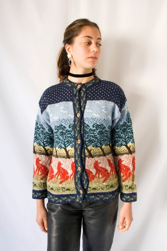 1970s handmade wool cardigan landscape with fox a… - image 1