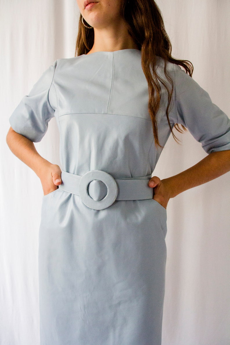 Vintage 1980s Baby Blue Leather Dress With Round Belt Buckle & Etsy