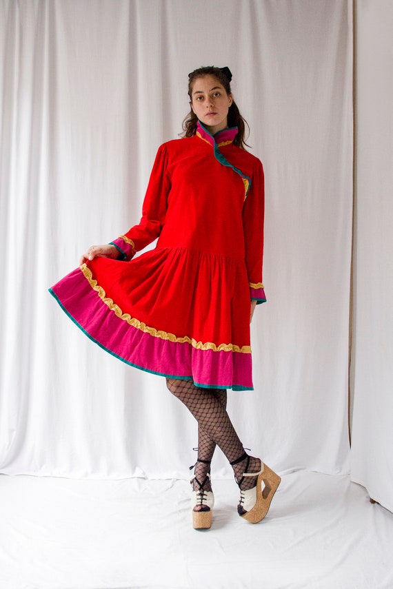 1970s Kenzo red velvet corduroy colorblock ruffled