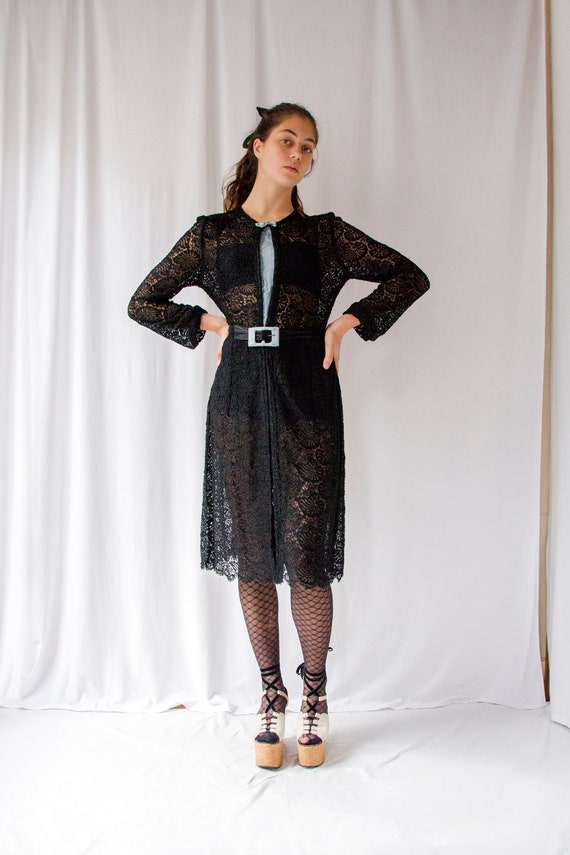 1930s antique black floral lace dress with blue d… - image 2