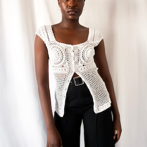 1980s Kenzo white cotton crochet top with buttoned front // Vintage 80's handmade see-through knit bustier with square neckline image 6