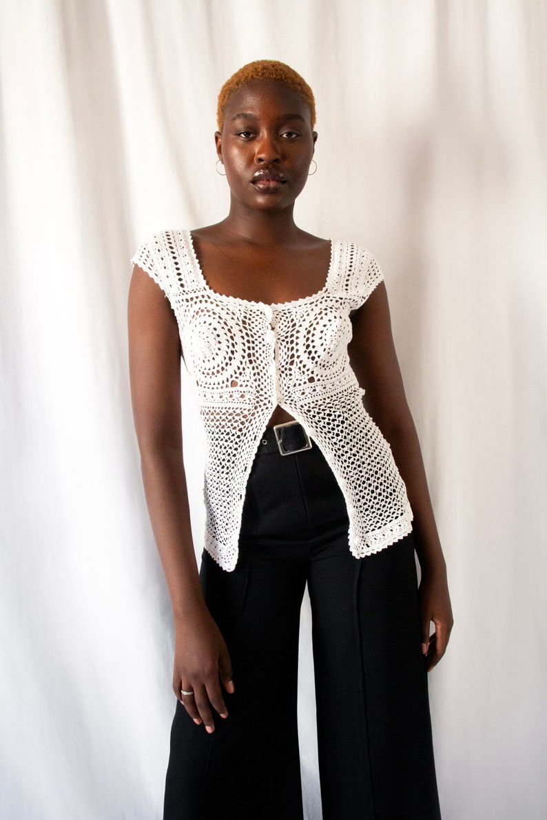 1980s Kenzo white cotton crochet top with buttoned front // Vintage 80's handmade see-through knit bustier with square neckline image 6