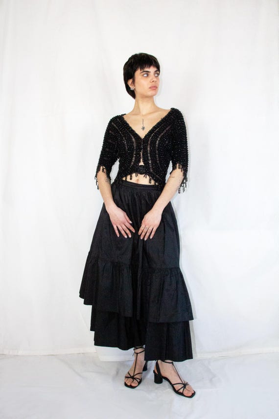 1970s Guy Laroche black silk tiered maxi skirt // Vintage 70s