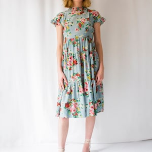 1930s light blue floral print silk tiered dress with peter pan collar // Vintage 30s full skirt flounced day dress, short sleeves image 3