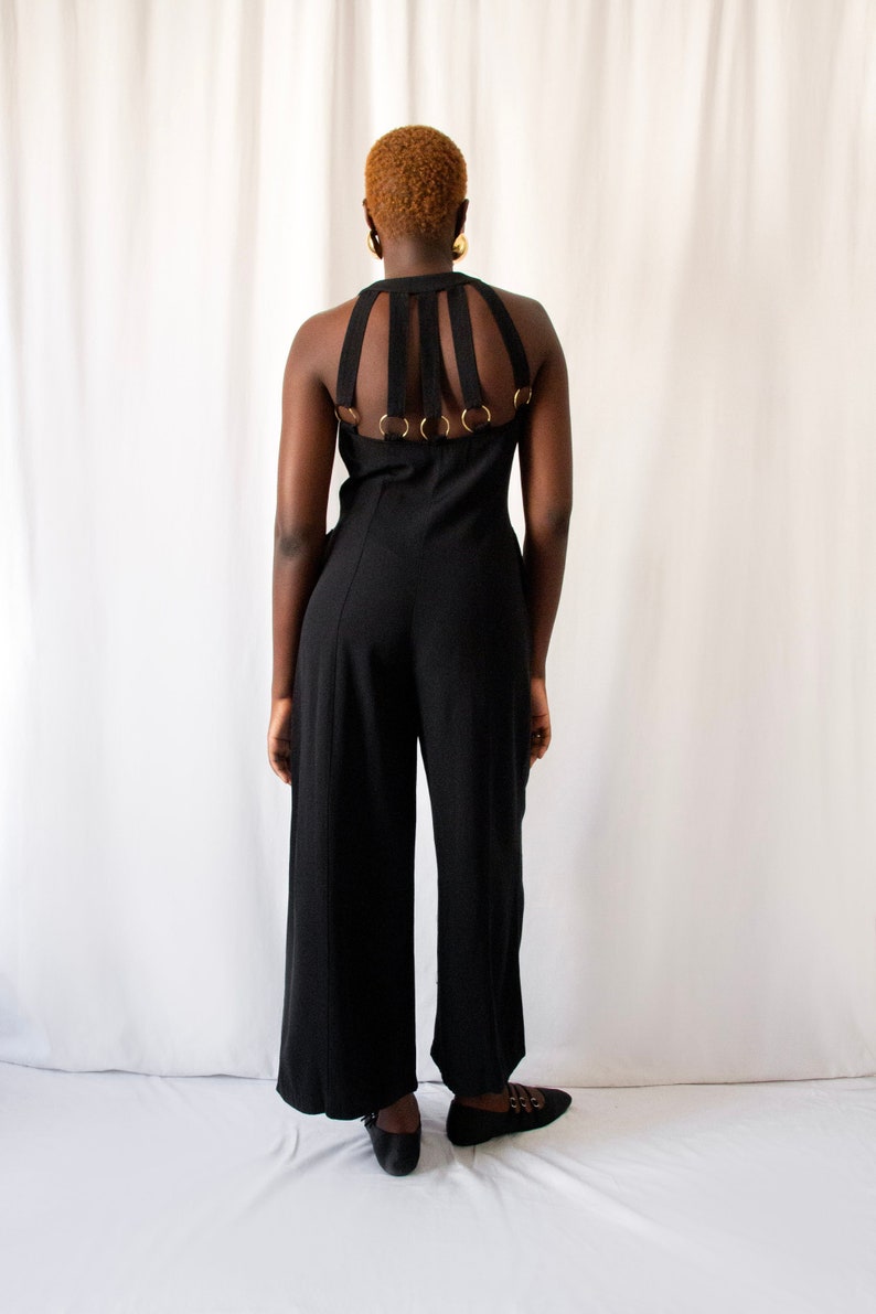 1980s black bare back jumpsuit with big gold buttons and rings // Vintage 80s California made minimalist wide leg overalls with side pockets zdjęcie 2