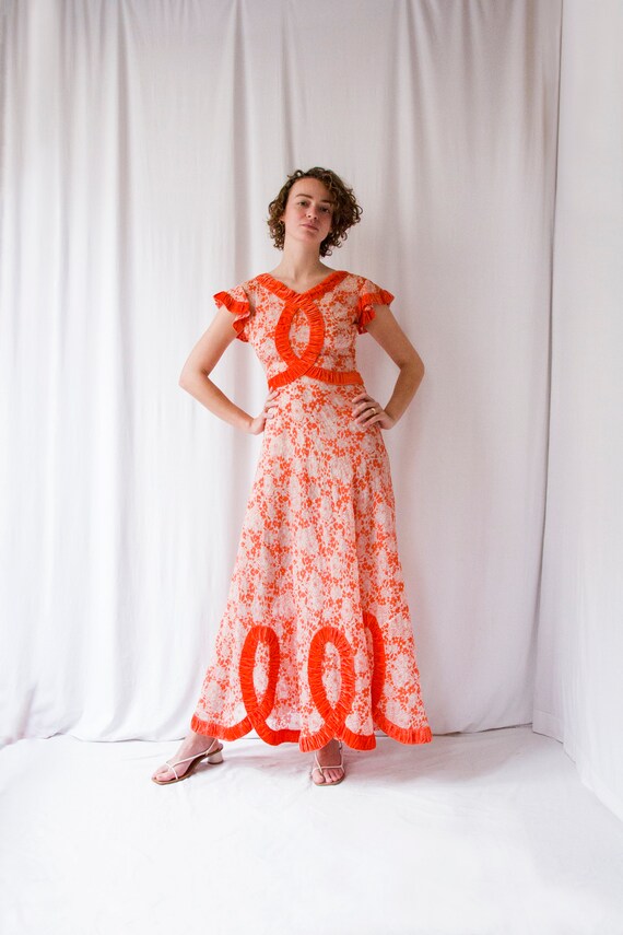 1930s bright orange floral organza silk velvet ri… - image 9