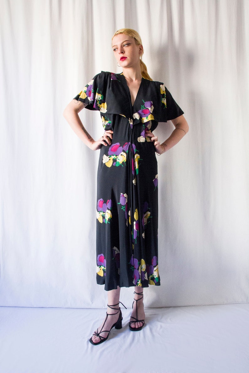 1940s floral print dark navy blue bias cut silk or rayon crepe dress with capelet // Vintage 30s 40s art deco slinky zipped day dress image 1