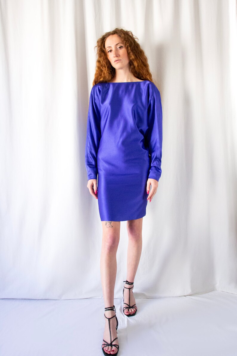 1980s Romeo Gigli royal blue silk draped back dress with dolman sleeves // Vintage rare 80s Gigli mini tunic dress, fitted hips image 5