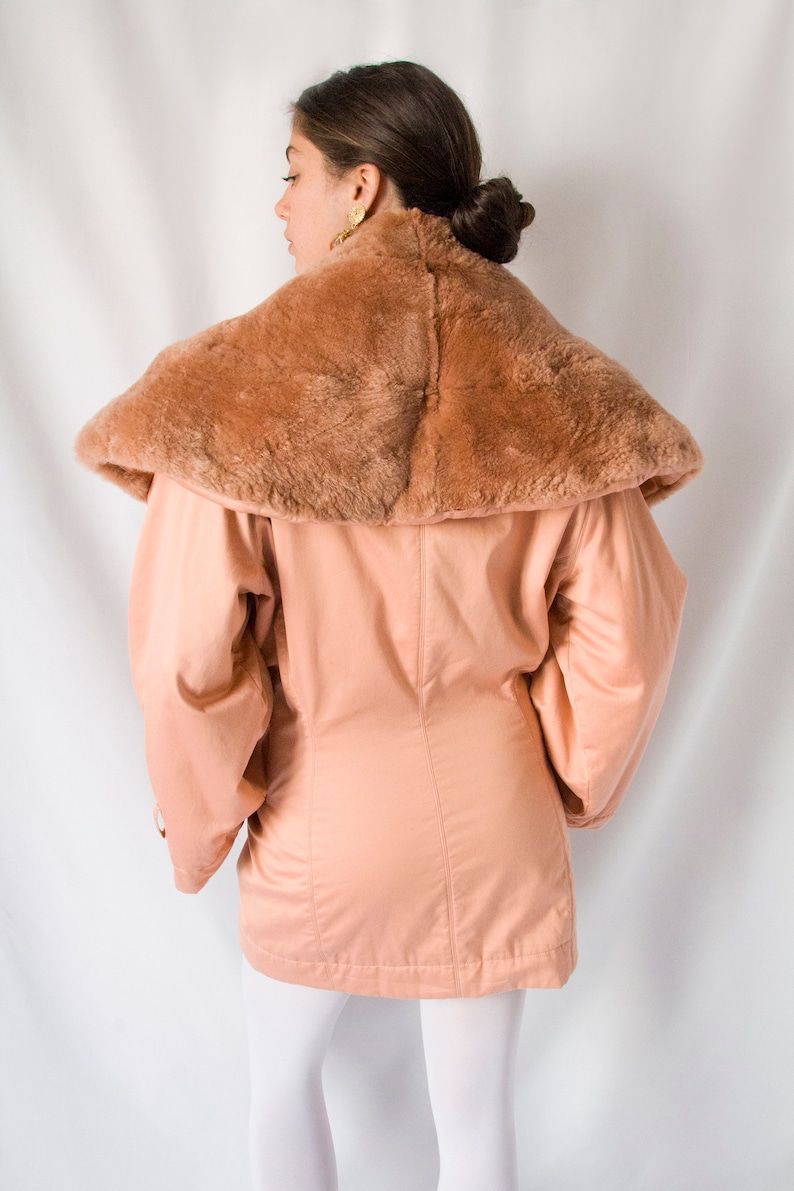 1980s Claude Montana salmon pink coat with huge fur collar // 80's Montana tailored jacket, kimono sleeve, front pockets, double breasted image 3