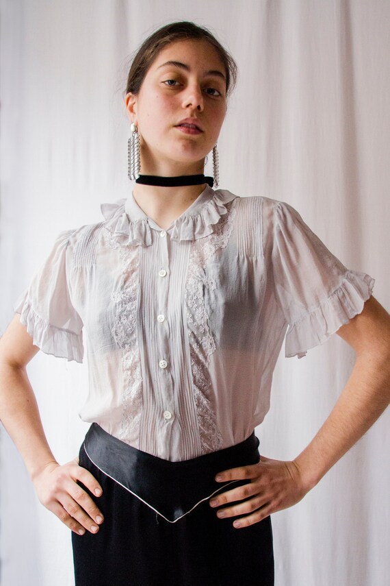 1930s dove grey silk chiffon & lace blouse with ru