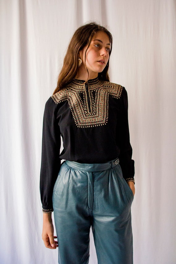 Rare! 1930s embroidered ethnic black crepe blouse