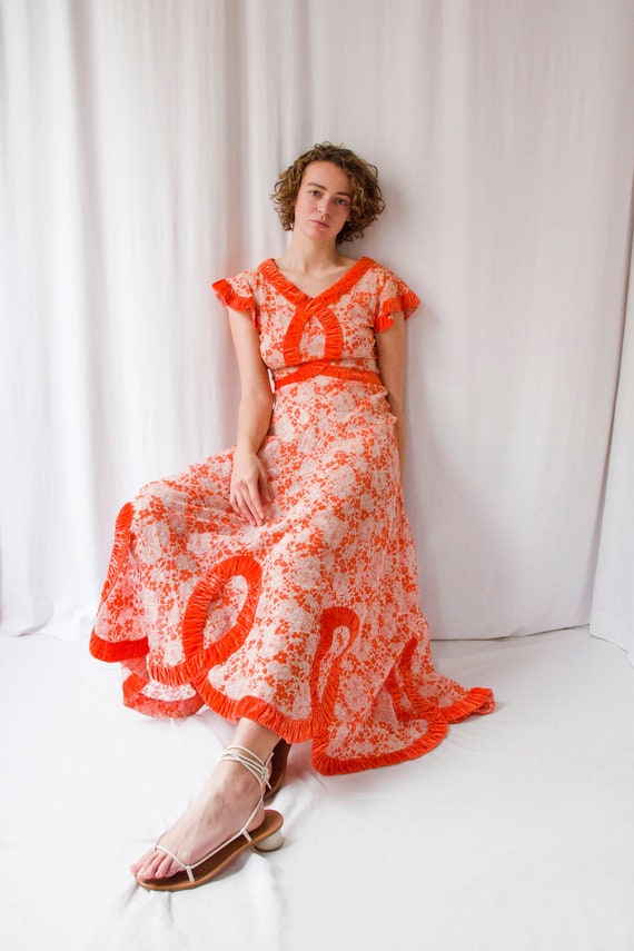 1930s bright orange floral organza silk velvet ri… - image 1