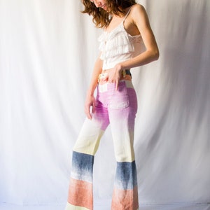 Rare 1970s colorful gradient flared pants with front patch pockets // Vintage 70s French brand Philnat bell bottom trousers image 2