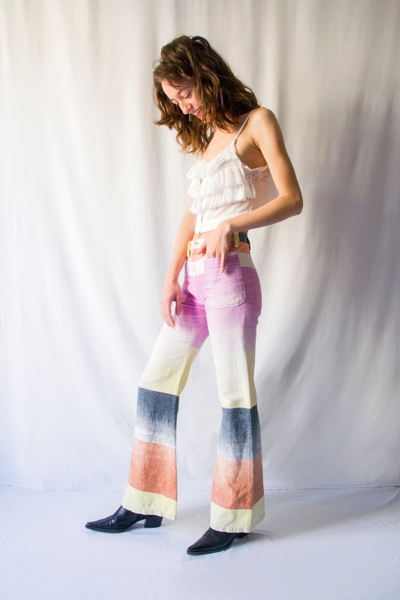 Rare 1970s colorful gradient flared pants with front patch pockets // Vintage 70s French brand Philnat bell bottom trousers image 2