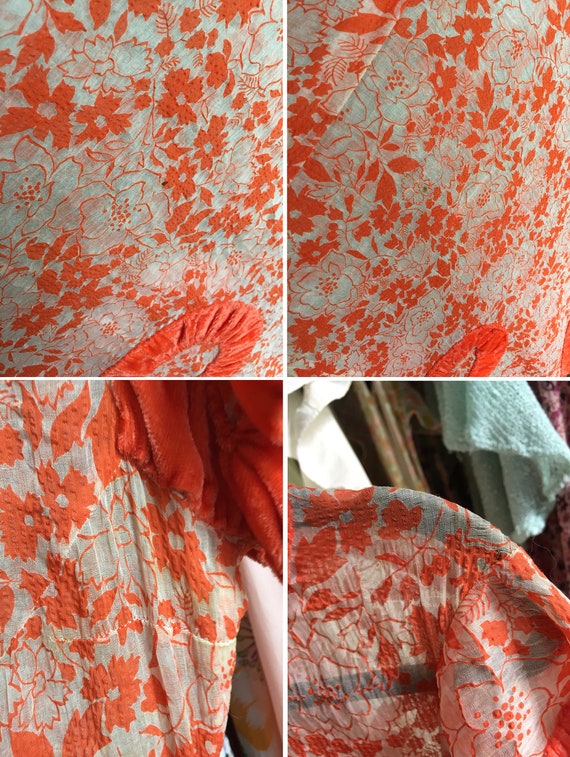 1930s bright orange floral organza silk velvet ri… - image 10