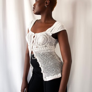 1980s Kenzo white cotton crochet top with buttoned front // Vintage 80's handmade see-through knit bustier with square neckline image 4