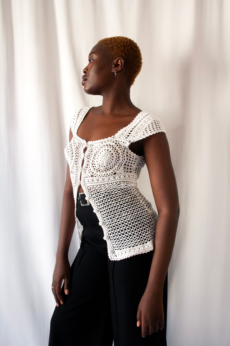 1980s Kenzo white cotton crochet top with buttoned front // Vintage 80's handmade see-through knit bustier with square neckline image 4
