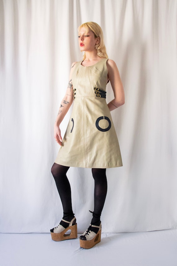 1960s Italian made A line taupe leather dress wit… - image 3