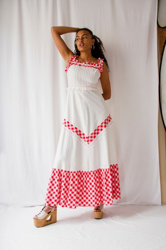 Vintage 1970s red & white Gingham cotton maxi dres